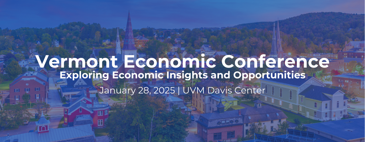 This is the Vermont Economic Conference landing page header image. It is an aerial photograph of downtown Montpelier with a blue transparent overlay. The text on the image is Vermont Economic Conference, January 28, 2025.