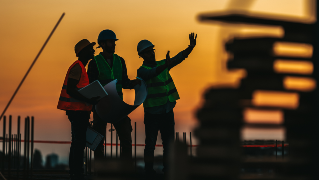 A group of three workers collaborating on a project site, representing Vermont's workforce.