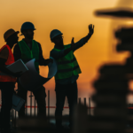 A group of three workers collaborating on a project site, representing Vermont's workforce.