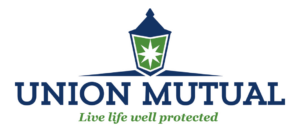 Image of the Union Mutual Logo with an image a torchbearer's lamp and the slogan "Live life well protected" written below "Union Mutual."